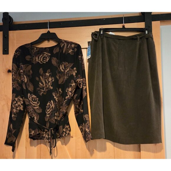 Lot Kasper Women Sz 12 100% Silk Green Skirt Pouch & Norton Floral Blouse Brown - Picture 2 of 16